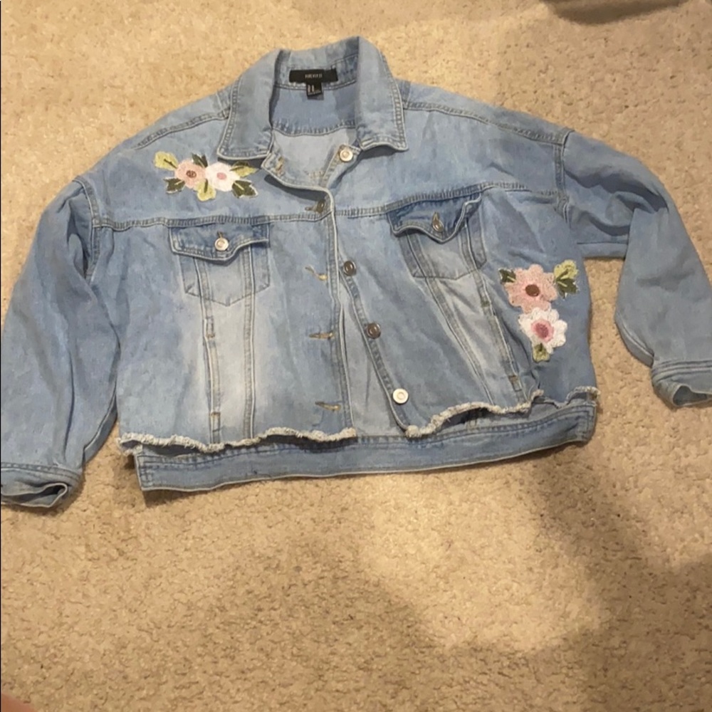 White/pink flower jean jacket